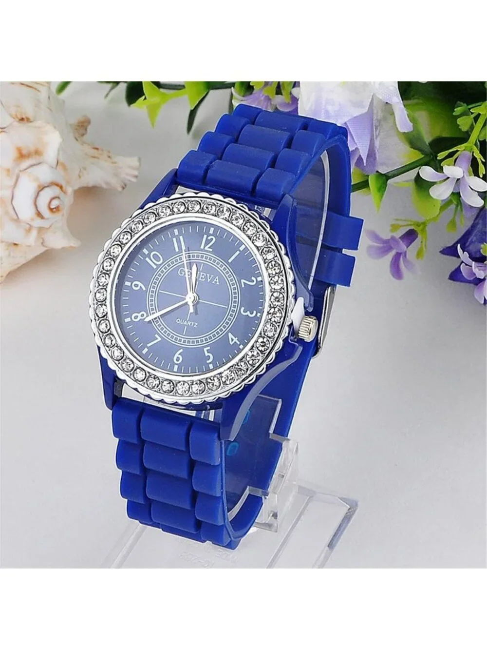 Womens Dark Blue Analog Quartz Silicone Band Lady Digital Rhinestone Wrist Watch